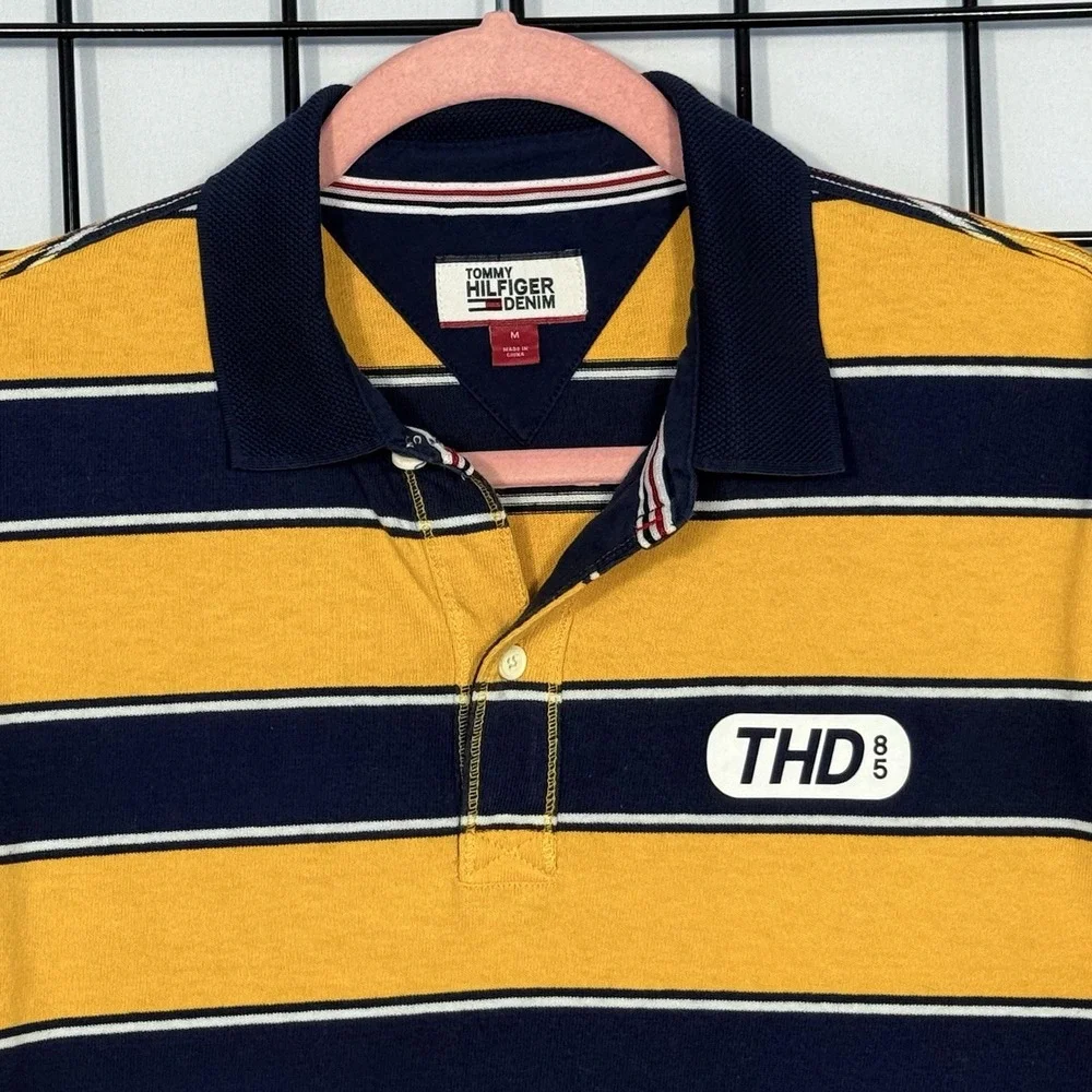 Tommy Hilfiger Denim Rugby Polo Shirt Mens M Medium Yellow Blue Casual‎ Summer